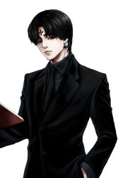 Rule 34 | 1boy, alternate costume, black eyes, black hair, black shirt, book, chrollo lucilfer, commentary request, earrings, formal, hand in pocket, highres, holding, holding book, hunter x hunter, jewelry, looking at viewer, male focus, necktie, shirt, short hair, simple background, skywaltz05, solo, suit, white background