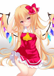 Rule 34 | 1girl, :o, adapted costume, alternate hair length, alternate hairstyle, bare arms, bare shoulders, blonde hair, bow, crystal, feet out of frame, flandre scarlet, long hair, looking at viewer, open mouth, red eyes, sitting, skirt, sleeveless, solo, tosakaoil, touhou, wings