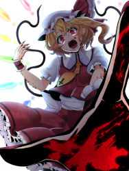 Rule 34 | 1girl, blonde hair, blood, blood on face, blood on hands, fangs, flandre scarlet, hat, highres, looking at viewer, open mouth, red eyes, rihito (usazukin), sharp teeth, side ponytail, solo, teeth, thighhighs, touhou, wrist cuffs