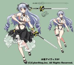 Rule 34 | 1girl, bikini, black headband, black sarong, breasts, cleavage, concept art, copyright name, cosmic break, drill hair, floral print, frills, full body, hair ribbon, headband, hijirinn2, holding, holding sword, holding weapon, ivis, large breasts, long hair, looking at viewer, navel, official art, open mouth, red eyes, ribbon, rose print, sarong, shoes, sidelocks, swimsuit, swimsuit ivis, sword, weapon, white hair