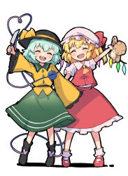 Rule 34 | 2girls, :d, ^ ^, absurdres, ascot, black footwear, black hat, blonde hair, closed eyes, commentary request, crystal, facing viewer, fang, flandre scarlet, full body, green hair, green skirt, hat, hat ribbon, heart, heart of string, highres, holding, holding knife, holding stuffed toy, knife, komeiji koishi, long sleeves, miz (mizillustration), mob cap, multiple girls, one side up, open mouth, red footwear, red skirt, red vest, ribbon, shirt, short hair, simple background, skirt, smile, socks, standing, stuffed animal, stuffed toy, teddy bear, teeth, third eye, touhou, upper teeth only, vest, white background, white hat, white shirt, white socks, wide sleeves, wings, yellow ascot, yellow ribbon, yellow shirt