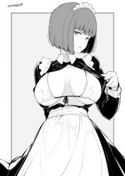 Rule 34 | 1girl, apron, arm behind back, bikini, bikini under clothes, bob cut, breasts, dress, frilled apron, frills, front-tie bikini top, front-tie top, greyscale, head tilt, kichihachi, large breasts, long sleeves, maid, maid headdress, monochrome, open clothes, open dress, original, outside border, short hair, simple background, sleeve cuffs, solo, standing, sweat, swimsuit, twitter username
