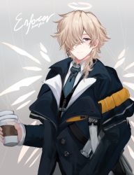 Rule 34 | 1boy, arknights, black jacket, blue necktie, blue sealad, character name, coffee cup, cup, disposable cup, enforcer (arknights), grey background, hair over one eye, halo, highres, holding, holding cup, jacket, long sleeves, looking at viewer, male focus, necktie, purple eyes, short hair, silver hair, smile, solo, upper body