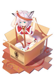 Rule 34 | 1girl, :p, absurdres, animal ear fluff, animal ears, arknights, arms up, bell, bikini, blue eyes, box, breasts, capelet, cardboard box, choker, christmas, fox ears, fox girl, fox tail, fur trim, highres, in box, in container, jingle bell, kano (kotailo), navel, red bikini, red capelet, ribbon, short hair, side-tie bikini bottom, silver hair, sitting, small breasts, smile, solo, sussurro (arknights), swimsuit, tail, thighhighs, tongue, tongue out, white thighhighs