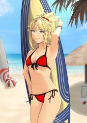 Rule 34 | absurdres, armpits, beach, belly, bikini, blonde hair, breasts, day, fate/grand order, fate (series), front-tie bikini top, front-tie top, green eyes, hair ornament, hair scrunchie, highres, looking at viewer, mordred (fate), mordred (fate) (all), mordred (fate/apocrypha), mordred (swimsuit rider) (fate), mordred (swimsuit rider) (first ascension) (fate), outdoors, ponytail, quatthro, red bikini, scrunchie, side-tie bikini bottom, sidelocks, small breasts, smile, solo, string bikini, surfboard, swimsuit