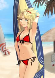 absurdres armpits beach belly bikini blonde_hair breasts day fate/grand_order fate_(series) front-tie_bikini_top front-tie_top green_eyes hair_ornament hair_scrunchie highres looking_at_viewer mordred_(fate) mordred_(fate)_(all) mordred_(fate/apocrypha) mordred_(swimsuit_rider)_(fate) mordred_(swimsuit_rider)_(first_ascension)_(fate) outdoors ponytail quatthro red_bikini scrunchie side-tie_bikini_bottom sidelocks small_breasts smile solo string_bikini surfboard swimsuit