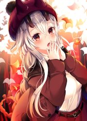 Rule 34 | 1girl, bad id, bad twitter id, belt, blush, braid, breasts, brown eyes, covering own mouth, fate/grand order, fate (series), hat, highres, horns, horns through headwear, kuro namako, large breasts, long hair, long sleeves, open mouth, red hat, red skirt, shirt, silver hair, skirt, solo, tomoe gozen (fate), white shirt