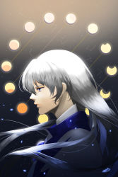 Rule 34 | 1boy, artist request, blue eyes, cardcaptor sakura, face, from side, hair between eyes, highres, long hair, male focus, moon, moon phases, parted lips, profile, serious, signature, silver hair, solo, very long hair, yue (cardcaptor sakura)