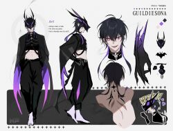 Rule 34 | 1boy, :p, black hair, bondage outfit, character sheet, earrings, full body, highres, hp (3000x4500), jewelry, long sleeves, looking at viewer, male focus, original, pink eyes, purple hair, short hair with long locks, standing, tongue, tongue out