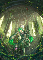 Rule 34 | 1girl, armor, bad id, bad pixiv id, bespin, chandelier, detached sleeves, gloves, greaves, green hair, hair ornament, hatsune miku, highres, holding, indoors, long hair, microphone, microphone stand, necktie, open mouth, skirt, solo, standing, standing on one leg, thighhighs, twintails, very long hair, vocaloid, window