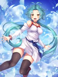 Rule 34 | 1girl, :d, antenna hair, aqua hair, bare shoulders, black thighhighs, blush, breasts, choker, detached sleeves, dress, duel monster, effect veiler, highres, long hair, long sleeves, looking at viewer, low twintails, medium breasts, open mouth, panties, pantyshot, smile, solo, striped clothes, striped panties, thighhighs, twintails, underwear, very long hair, white dress, wings, yellow eyes, yu-gi-oh!, yuki usagi (snowcanvas)
