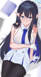 Rule 34 | arm support, armpit crease, bare shoulders, black hair, black pantyhose, blue archive, blue hair, blue necktie, blurry, blurry background, book, breasts, buttons, closed mouth, colored inner hair, double-breasted, dress, earrings, eyeshadow, from above, glasses, gloves, half gloves, halo, highres, jewelry, large breasts, legs together, light frown, makeup, multicolored hair, narrowed eyes, necktie, pantyhose, paperwork, pointy ears, red eyeshadow, rin (blue archive), semi-rimless eyewear, sideboob, single earring, sleeveless, sleeveless dress, star (symbol), star earrings, thighhighs, tsurime, two-tone hair, white dress, white gloves, woodhxx