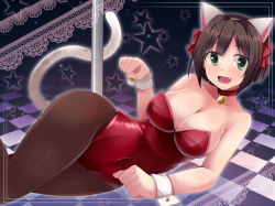 Rule 34 | 10s, 1girl, :d, animal ears, bell, brown pantyhose, cat ears, cat tail, checkered floor, collar, fake animal ears, fang, fishnet pantyhose, fishnets, green eyes, hair ribbon, highres, idolmaster, idolmaster cinderella girls, jingle bell, kittysuit, lace background, leotard, lying, maekawa miku, neck bell, nontraditional playboy bunny, on side, open mouth, pantyhose, paw pose, playboy bunny, ribbon, short hair, smile, solo, star (symbol), tail, wrist cuffs, yunodon (sugar maple)