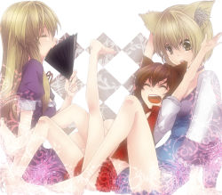 Rule 34 | 3girls, animal ears, arms up, bad id, bad pixiv id, barefoot, between legs, blonde hair, bloom, brown hair, cat ears, cat girl, checkered background, chen, choker, closed eyes, covering face, covering own mouth, covering privates, feet, female focus, folding fan, fox ears, hand fan, happy, legs, long hair, multiple girls, no headwear, o/, open clothes, open mouth, open shirt, outstretched arms, sacanahen, shirt, short hair, sitting, sitting on lap, sitting on person, touhou, yakumo ran, yakumo yukari, yellow eyes