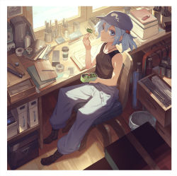 Rule 34 | 1girl, bare arms, blue eyes, blue hair, blue hat, book, book stack, bottle, chair, closed mouth, cucumber, cup, drawer, eating, from above, glue, hair between eyes, hair bobbles, hair ornament, hat, indoors, kawashiro nitori, key, lighter, looking at viewer, lunchbox, pants, pencil, pocket, screwdriver, sitting, smile, solo, tank top, tape, touhou, trash can, window, yamamomo (plank)
