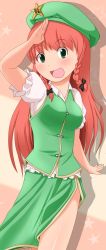 Rule 34 | 1girl, :d, blush, braid, female focus, hat, highres, hong meiling, long hair, minipat, minipat (sketch wall), open mouth, red hair, salute, side slit, skirt, smile, solo, touhou
