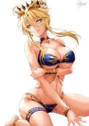 Rule 34 | 1girl, anklet, arm under breasts, artoria pendragon (fate), artoria pendragon (lancer) (fate), bare shoulders, belly chain, bikini, blonde hair, blue bikini, bracelet, braid, breast hold, breasts, bright pupils, cleavage, closed mouth, collarbone, commentary request, cross, crown, day, eyelashes, fate/grand order, fate (series), flower, french braid, green eyes, hair between eyes, hair flower, hair ornament, highres, hip focus, jewelry, large breasts, light rays, lips, long hair, looking at viewer, nail polish, navel, sakiyamama, sidelocks, simple background, sitting, sky, smile, solo, swimsuit, thigh strap, thighs, underboob, wariza, white background, white pupils