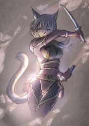 Rule 34 | 1girl, animal ears, artist name, adventurer (ff11), breasts, cat ears, cat girl, cat tail, dual wielding, elbow gloves, final fantasy, final fantasy xi, fishnet thighhighs, fishnets, gloves, highres, holding, holding sword, holding weapon, katana, long hair, medium breasts, mithra (ff11), ninja (final fantasy), no bra, panties, piyoco, red gloves, red panties, red thighhighs, scorpion harness, sideboob, silver hair, solo, sword, tail, thighhighs, underwear, weapon, white eyes