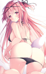 Rule 34 | 1girl, absurdres, animal ears, ass, back, bikini, bikini pull, black bikini, blurry, blush, breasts, closed mouth, clothes pull, commentary request, depth of field, hair ribbon, highres, kneeling, long hair, looking at viewer, medium breasts, original, pink hair, ribbon, satsuki yukimi, short twintails, shoulder blades, sidelocks, simple background, smile, solo, swimsuit, tail, thighs, tongue, twintails, white background