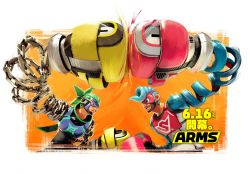 Rule 34 | 2boys, android, arms (game), blue hair, boxing gloves, brown eyes, chain, dated, domino mask, green hair, highres, logo, male focus, mask, multiple boys, ninjara (arms), nintendo, official art, orange background, pompadour, ponytail, punching, simple background, spring (object), spring man (arms), upper body