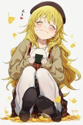 Rule 34 | 1girl, ^ ^, artist name, autumn, autumn leaves, ayano yuu (sonma 1426), beret, black footwear, black hat, blonde hair, blush, brown cardigan, brown hat, brown skirt, buttons, cardigan, closed eyes, closed mouth, collarbone, commentary request, dated, eating, facing viewer, falling leaves, fingernails, food, food on face, full body, ginkgo leaf, grey background, hands up, hat, head tilt, heart, highres, holding, holding food, hoshii miki, idolmaster, idolmaster (classic), idolmaster million live!, idolmaster million live! theater days, knees up, leaf, leaning to the side, long fingernails, long hair, long sleeves, miniskirt, onigiri, pantyhose, pleated skirt, raised eyebrows, rice, rice on face, school uniform, shoe soles, shoes, signature, simple background, sitting, skirt, sleeves past wrists, smile, solo, wavy hair, wavy mouth, white background, white pantyhose