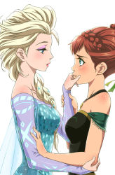 Rule 34 | 2girls, anna (frozen), blonde hair, blue dress, braid, breasts, brown hair, cheek squash, dress, elsa (frozen), eye contact, eyeshadow, freckles, french braid, frozen (disney), fujimaru (kinakomucch), green eyes, incest, jewelry, long hair, looking at another, makeup, medium breasts, multiple girls, necklace, off shoulder, siblings, simple background, sisters, white background, yuri