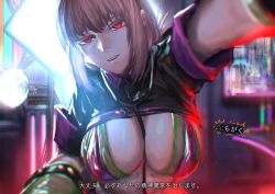 Rule 34 | 1girl, arm strap, backlighting, bikini, blurry, blurry background, braid, breasts, check translation, colored eyelashes, covered erect nipples, cyberpunk, dark, elbow gloves, fate/grand order, fate (series), florence nightingale (fate), florence nightingale (trick or treatment) (fate), gameplay mechanics, gloves, green bikini, green gloves, hat, head tilt, indoors, joki yoh, large breasts, latex, latex gloves, light smile, looking at viewer, nurse cap, official alternate costume, pink bikini, pink hair, pov, pov hands, red eyes, revealing clothes, sadism, short sleeves, shrug (clothing), sidelocks, single braid, solo, stethoscope, stomach, swimsuit, translation request