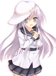 Rule 34 | 10s, 1girl, :d, blue eyes, flat cap, hat, hibiki (kancolle), jewelry, kantai collection, long hair, looking at viewer, lowell (ouranoss2kanata), open mouth, pleated skirt, ring, school uniform, silver hair, skirt, smile, solo, verniy (kancolle), wedding band