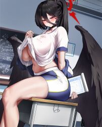 Rule 34 | 1girl, absurdres, between breasts, black hair, black wings, blue archive, blush, breasts, choker, classroom, clipboard, clothes lift, feathered wings, gym shirt, gym shorts, hair between eyes, halo, hasumi (blue archive), hasumi (track) (blue archive), highres, large breasts, long hair, navel, official alternate costume, ponytail, red eyes, red halo, shirt, shorts, sitting, solo, stomach, thighs, underboob, windovvs, wings