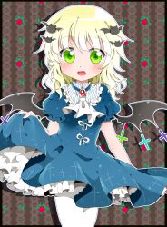 Rule 34 | 1girl, :d, ascot, bad id, bad pixiv id, bat hair ornament, bat wings, blonde hair, borrowed character, green eyes, hair ornament, highres, kyapinetzu, looking at viewer, open mouth, original, pantyhose, smile, solo, wings
