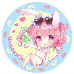 Rule 34 | 1girl, :d, ahoge, animal ears, artist name, bangle, bare shoulders, bikini, blush, bracelet, breasts, chibi, collarbone, crazy straw, cup, drink, drinking glass, drinking straw, hair between eyes, hair ornament, halterneck, heart, heart-shaped eyewear, heart straw, holding, holding cup, ice, ice cube, jewelry, knees up, long hair, looking at viewer, medium breasts, navel, open mouth, original, pink bikini, pink hair, purple-framed eyewear, purple eyes, rabbit ears, rabbit girl, rabbit tail, sakura (usashiro mani), sandals, sidelocks, smile, solo, star (symbol), star hair ornament, sunglasses, swimsuit, tail, twintails, usashiro mani, yellow footwear