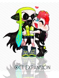 Rule 34 | 1boy, 1girl, agent 3 (splatoon), agent 8 (splatoon), backpack, bag, black cape, black thighhighs, btmr game, cape, closed eyes, copyright name, green hair, headphones, heart, hug, inkling, inkling girl, inkling player character, jacket, long sleeves, nintendo, octoling, octoling boy, octoling player character, open mouth, pointy ears, red hair, signature, simple background, smile, splatoon (series), splatoon 2, splatoon 2: octo expansion, standing, striped, striped background, tentacle hair, thighhighs