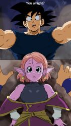 Rule 34 | 1boy, 1girl, arm support, bare shoulders, black eyes, black hair, breasts, chronoa, colored skin, derivative work, dragon ball, dragon ball heroes, earrings, embarrassed, expressionless, gokutrash, highres, jewelry, looking at another, looking at viewer, lying, medium breasts, medium hair, muscular, orange hair, pink skin, pointy ears, potara earrings, screenshot redraw, short hair, simple background, size difference, small breasts, smile, son goku, spiked hair