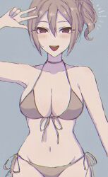 1girl alternate_hairstyle armpit_crease bikini black_bikini blue_background blush choker eyelashes front-tie_bikini_top front-tie_top halterneck highres idolmaster idolmaster_cinderella_girls looking_at_viewer mochipuyo navel open_mouth shiomi_syuko side-tie_bikini_bottom side_ponytail smile solo standing swimsuit v