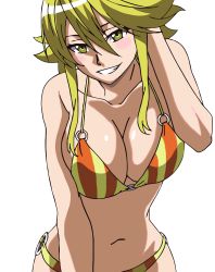 Rule 34 | 10s, 1girl, absurdres, akame ga kill!, bikini, blonde hair, blush, breasts, cleavage, highres, large breasts, leone (akame ga kill!), long hair, simple background, smile, standing, stitched, swimsuit, third-party edit, vector trace, white background, yellow eyes