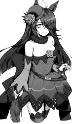 Rule 34 | 1girl, alternate costume, animal ears, black hair, breasts, commentary request, cosplay, detached sleeves, flower, greyscale, hair over one eye, hat, highres, horse ears, horse tail, long hair, looking at viewer, manhattan cafe (umamusume), monochrome, nihudau, rice shower (umamusume), rice shower (umamusume) (cosplay), rose, small breasts, solo, tail, thighhighs, umamusume