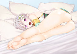 Rule 34 | 1girl, antenna hair, ass, barefoot, blush, denden taiko, detached sleeves, dress, feet, flower, full body, hair between eyes, hair flower, hair ornament, kokkoro (princess connect!), looking at viewer, lying, on bed, on side, open mouth, panties, pantyshot, pillow, pointy ears, princess connect!, short hair, silver hair, soles, solo, thighs, toes, tongue, underwear, white flower, white panties