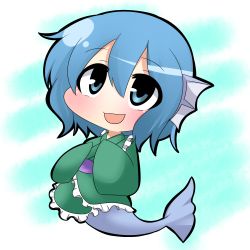 Rule 34 | 1girl, blue eyes, blue hair, chibi, eyes visible through hair, fins, gradient background, hands in opposite sleeves, head fins, japanese clothes, kimono, looking up, matching hair/eyes, mermaid, monster girl, open mouth, short hair, simple background, solo, touhou, twumi, wakasagihime
