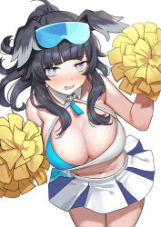 Rule 34 | 1girl, ahoge, animal ears, bad id, bad twitter id, black hair, blue archive, blue eyes, blush, breasts, cowboy shot, crop top, dog ears, goggles, goggles on head, hatsuno xxx, hibiki (blue archive), hibiki (cheer squad) (blue archive), highres, large breasts, looking at viewer, millennium cheerleader outfit (blue archive), navel, open mouth, pom pom (cheerleading), ponytail, sidelocks, simple background, skirt, solo, white background, white skirt