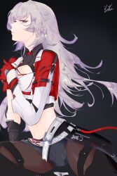 Rule 34 | 1girl, absurdres, asymmetrical gloves, black background, black gloves, black shorts, breasts, brown pantyhose, cleavage, cleavage cutout, clothing cutout, commentary, english commentary, gloves, grey eyes, grey hair, grin, helia (honkai impact), highres, honkai (series), honkai impact 3rd, llll7128, long hair, looking at viewer, medium breasts, midriff, mismatched gloves, mole, mole under eye, navel, pantyhose, red gloves, short sleeves, shorts, signature, smile, solo, stomach, teeth