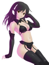 Rule 34 | 1girl, bare shoulders, black hair, black panties, black thighhighs, bra, breasts, brown eyes, cleavage, covered erect nipples, detached collar, elbow gloves, fingerless gloves, from side, garter belt, gloves, hairband, headphones, highres, kanzeon, large breasts, lingerie, long hair, looking at viewer, navel, open mouth, panties, simple background, sitting, solo, stomach, thighhighs, underwear, underwear only
