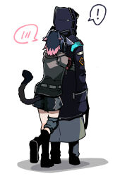 Rule 34 | !, 1girl, 1other, absurdres, animal ears, arknights, black footwear, black hair, black jacket, black shorts, boots, cat ears, cat girl, cat tail, doctor (arknights), ear protection, from behind, grey shirt, highres, hood, hood up, hooded jacket, hug, hug from behind, jacket, jessica (arknights), kumamu, long sleeves, multicolored hair, pink hair, ponytail, shadow, shirt, short shorts, shorts, simple background, spoken blush, spoken exclamation mark, standing, standing on one leg, tail, two-tone hair, white background