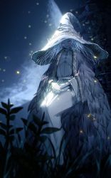 Rule 34 | 1girl, blue hair, blue skin, brown cloak, cloak, closed mouth, colored skin, commentary request, cracked skin, dress, elden ring, extra arms, facial tattoo, fur cloak, hat, highres, large hat, long hair, looking at viewer, milk ko, moon, night, one eye closed, own hands together, ranni the witch, sitting, smile, solo, tattoo, white dress, white hat, wide sleeves, witch, witch hat