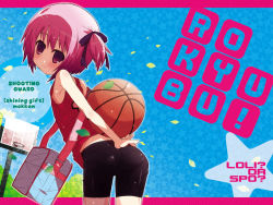 Rule 34 | 10s, ass, ball, basketball, basketball (object), basketball hoop, bike shorts, highres, looking back, minato tomoka, pink eyes, pink hair, rou-kyuu-bu!, shimo-san, solo