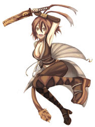 Rule 34 | .hack//, .hack//g.u., .hack//games, 00s, 1girl, antenna hair, armpits, bandai, breasts, bridal gauntlets, brown hair, cleavage, crop top, cyber connect 2, high heels, large breasts, leg lift, midriff, open mouth, platform footwear, ribbon, sandals, scarf, shoes, short hair, solo, sword, weapon, yellow eyes, alkaid (.hack//)