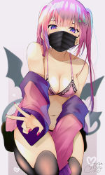 Rule 34 | 1girl, bare shoulders, black thighhighs, black wings, bra, breasts, chita (ketchup), cleavage, collarbone, demon girl, demon tail, demon wings, grey background, hair ornament, hairclip, heart, highres, jacket, long hair, long sleeves, looking at viewer, mask, medium breasts, mouth mask, nail polish, navel, no shoes, off shoulder, open clothes, open jacket, original, panties, pink bra, pink hair, pink jacket, pink panties, purple nails, signature, sleeves past wrists, solo, surgical mask, tail, thighhighs, twintails, underwear, very long hair, wings, x hair ornament