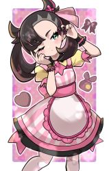 Rule 34 | 1girl, alternate color, apron, black hair, black nails, border, closed mouth, commentary request, creatures (company), dress, earrings, eyelashes, fu (tk1189227dhy), game freak, glint, green eyes, hair ribbon, hands up, highres, jewelry, marnie (palentine&#039;s 2022) (pokemon), marnie (pokemon), medium hair, nail polish, nintendo, official alternate costume, one eye closed, outline, outside border, pink ribbon, pokemon, pokemon masters ex, ribbon, shirt, solo, white apron, white border, wrist cuffs, yellow shirt