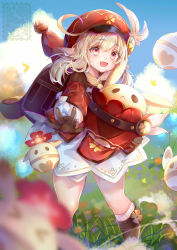 Rule 34 | 1girl, :d, absurdres, ahoge, aiming, aiming at viewer, backpack, bag, bloomers, blue sky, blurry, boots, brown footwear, brown gloves, brown scarf, cabbie hat, carrying, cloud, cloudy sky, clover print, coat, commentary request, depth of field, doll, field, flower, flower field, genshin impact, gloves, hair between eyes, hat, hat feather, hat ornament, highres, holding, holding doll, jumpy dumpty, klee (genshin impact), knee boots, kneehighs, light brown hair, long hair, long sleeves, looking at viewer, low twintails, open mouth, orange eyes, pocket, pointy ears, randoseru, red coat, red hat, scarf, shizi suky, sidelocks, sky, smile, socks, solo, stuffed animal, stuffed toy, throwing, twintails, underwear