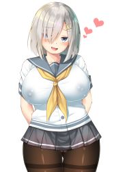 Rule 34 | 10s, 1girl, arms behind back, blue eyes, blush, breasts, cameltoe, collarbone, covered erect nipples, cowboy shot, hair ornament, hair over one eye, hairpin, hamakaze (kancolle), heart, highres, jewelry, kantai collection, large breasts, looking at viewer, naughty face, neckerchief, nipples, oekakizuki, pantyhose, pleated skirt, plump, school uniform, serafuku, shiny skin, short hair, silver hair, simple background, skirt, smile, solo, white background