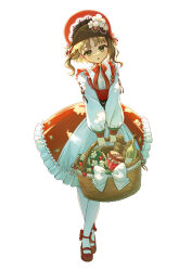 Rule 34 | 1girl, :o, absurdres, ankle bow, ankle ribbon, basket, bonnet, bow, bread, brown hair, cherry tomato, chin strap, collared shirt, crossed legs, dappled sunlight, dress, eagle (reverse:1999), flower, food, frilled dress, frills, full body, gloria (gloriao3o), green eyes, hair flower, hair ornament, hat, highres, holding, holding basket, jam, jar, lolita fashion, long sleeves, looking at viewer, mary janes, medium dress, pantyhose, puffy long sleeves, puffy sleeves, red dress, red footwear, red hat, red ribbon, reverse:1999, ribbon, shirt, shoes, short hair, solo, standing, sunlight, tomato, watson cross, white background, white bow, white footwear, white pantyhose, white shirt